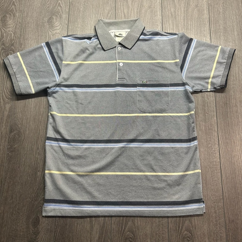 Lacoste Mens Vintage Large Striped Pique Polo Shirt Grey Made in France